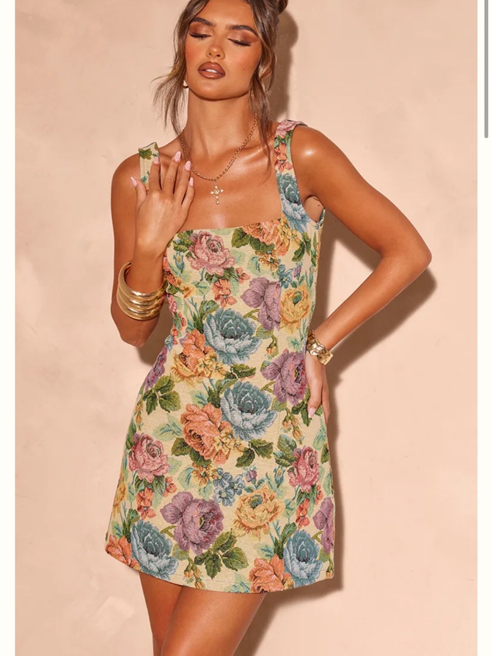 PrettyLittleThing Floral Square-Neck Mini Dress in Cream with Multicolor Blooms